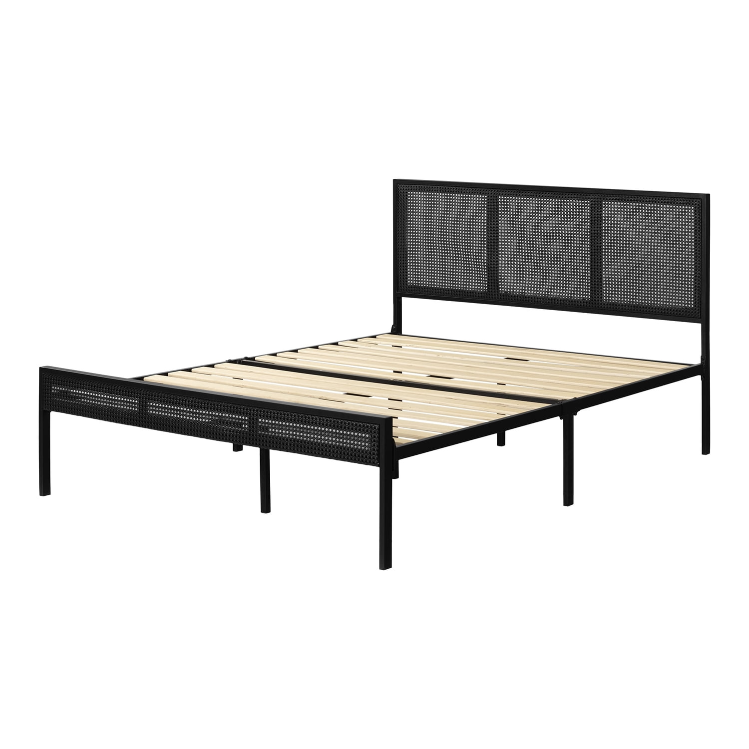 HomeStock Natural Beauty Metal Platform Bed with Natural Cane Black, Adjustable, Twin Bed Frames, Single Bed Frame - 78.25"L x 78.25"W x 40"H
