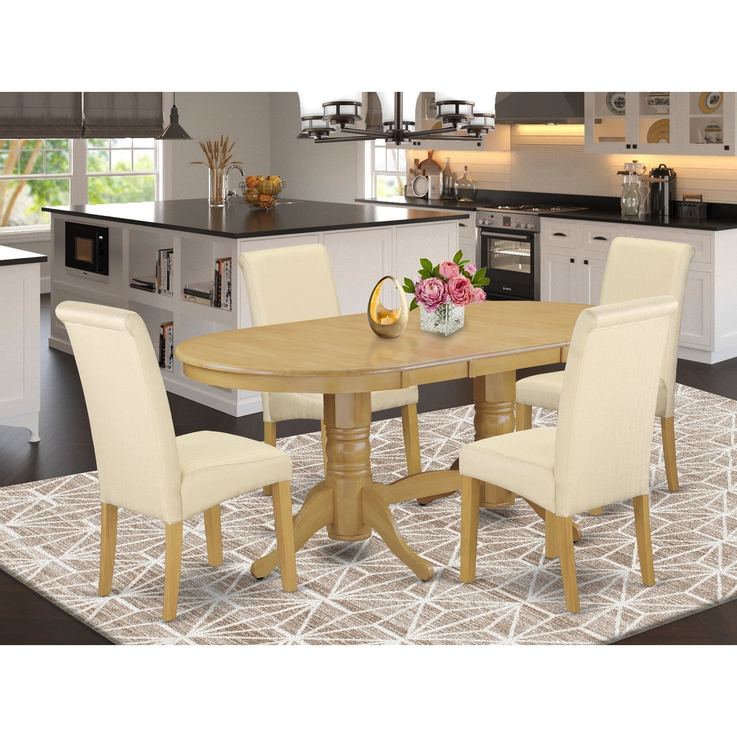 HomeStock Victorian Virtue 5Pc Oval Kitchen Table With Linen Beige Fabric Dining Chairs With Oak ...