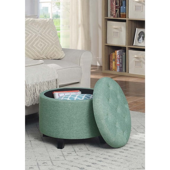 HomeStock Victorian Virtue Round Storage Ottoman - Versatile Contemporary Foot Stool for Living Room or Office, Green Fabric, 19.75" Diameter