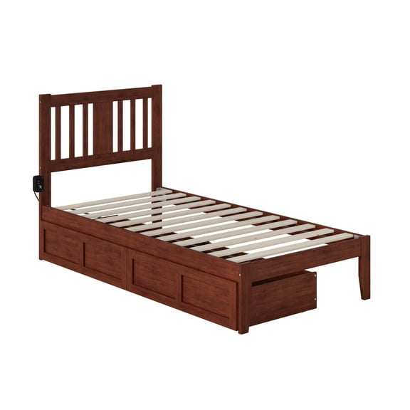 HomeStock Victorian Virtue Twin Bed with USB Charger & 2 Drawers, Walnut - 600 lbs Capacity, Solid Hardwood, 76" x 41.38", Storage Drawers Included