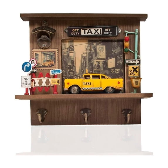 City Taxi Shadow Box - Vintage NYC Decor with Bottle Opener - Detailed Road Signage & Times Square