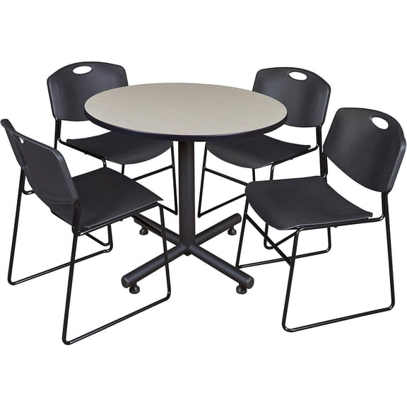 HomeStock Vintage Visions 42" Round Breakroom Table- Maple & 4 Zeng Stack Chairs- Black, Ideal for Cafeterias, Dining, and Office Spaces