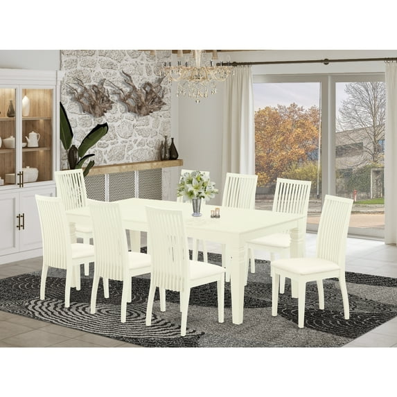 HomeStock Vintage Vogue 9Pc Dining Set Includes A Rectangle Dining Table With Butterfly Leaf And Eight Linen Seat Dining Chairs, Linen White Finish