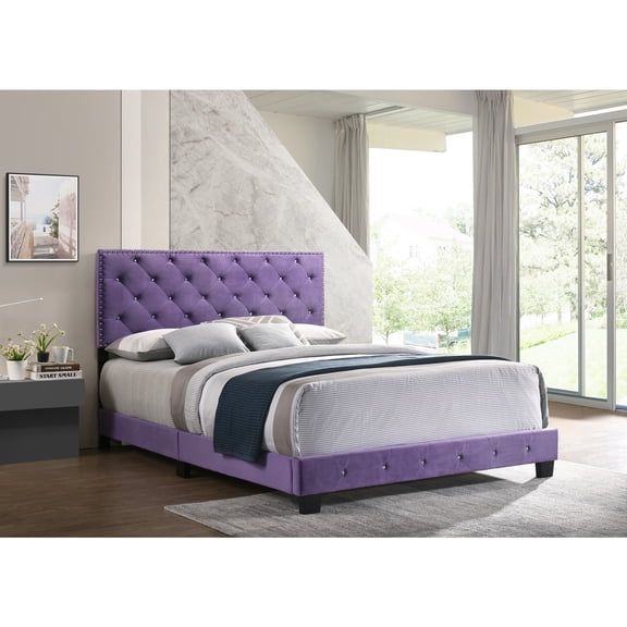 Gothic Grandeur Bed in Luxurious Purple Velvet Upholstery with Deep Tufted Headboard and Footboard, Chrome Nail Head Accents, Faux Jeweled Tufting