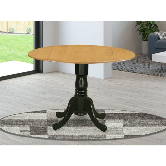 Homestock Vintage Vogue Dublin Round Table With Two 9-Inch Drop Leaves In Oak And Black Finish, Cozy Design Suitable For Small Dining Spaces, Durable Construction