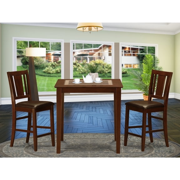 Square Counter Height Dining Set - 3 Piece Pub Table & Chairs - Vintage Mahogany Finish
