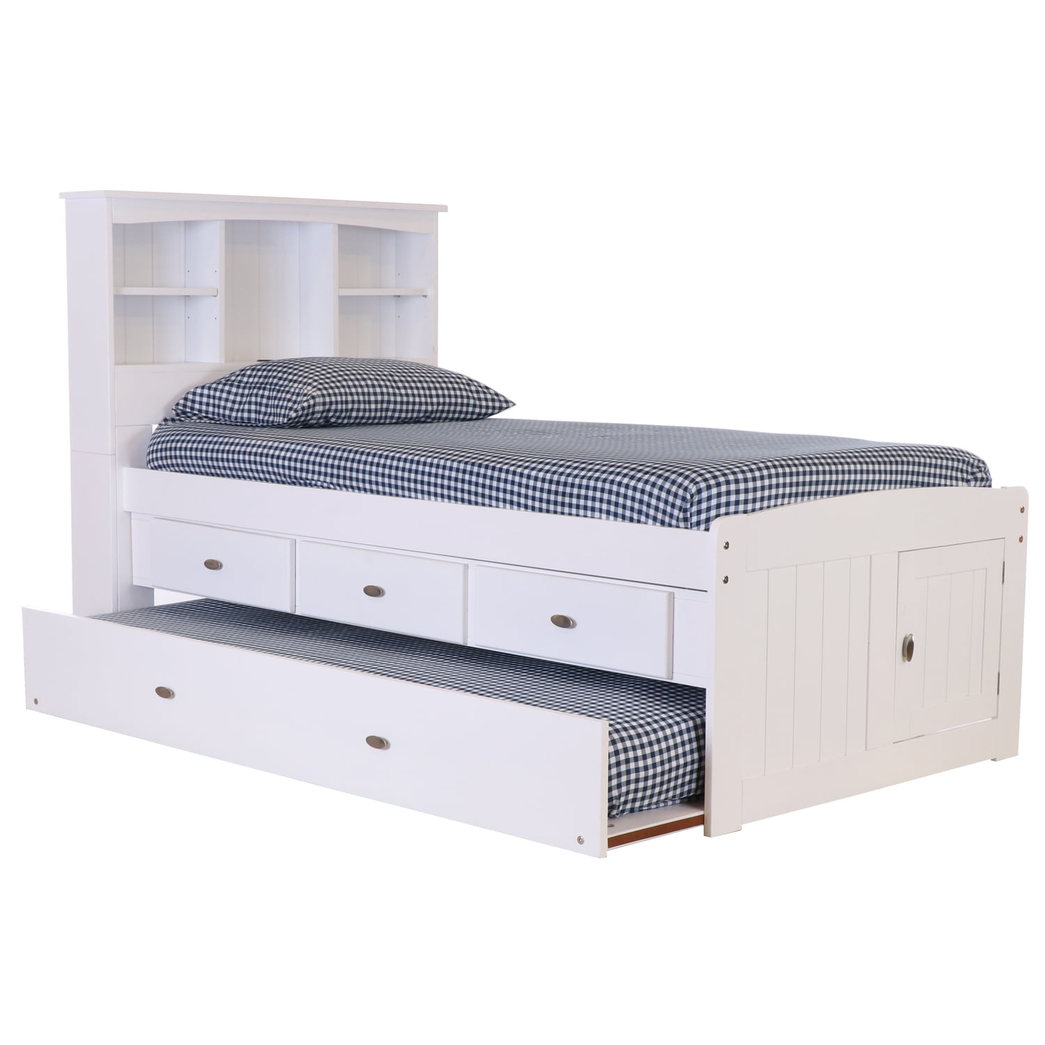Casual White Twin Captain's Bookcase Bed with Trundle and Storage