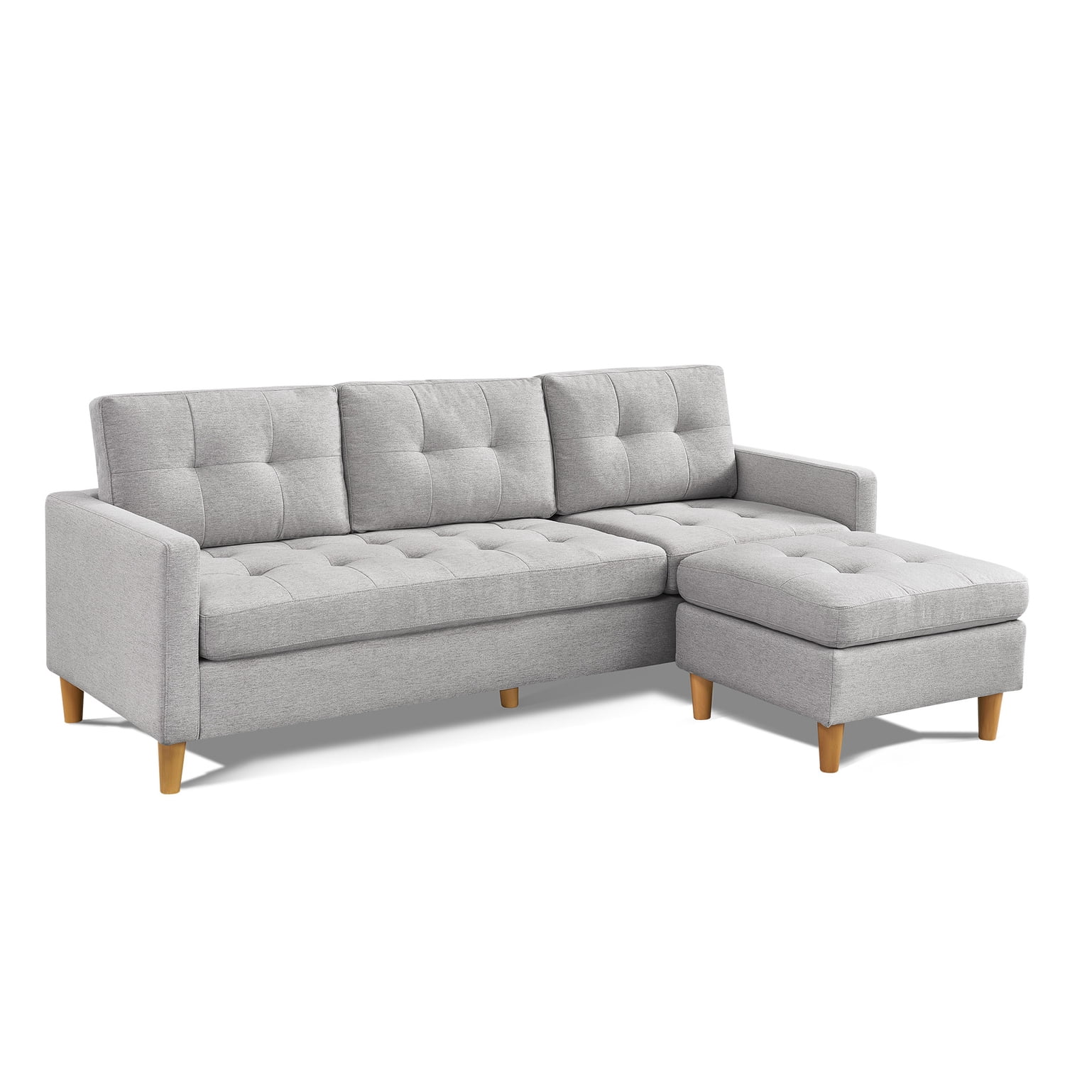 Light Grey Tufted Velvet Two Piece Sectional Sofa with Ottoman