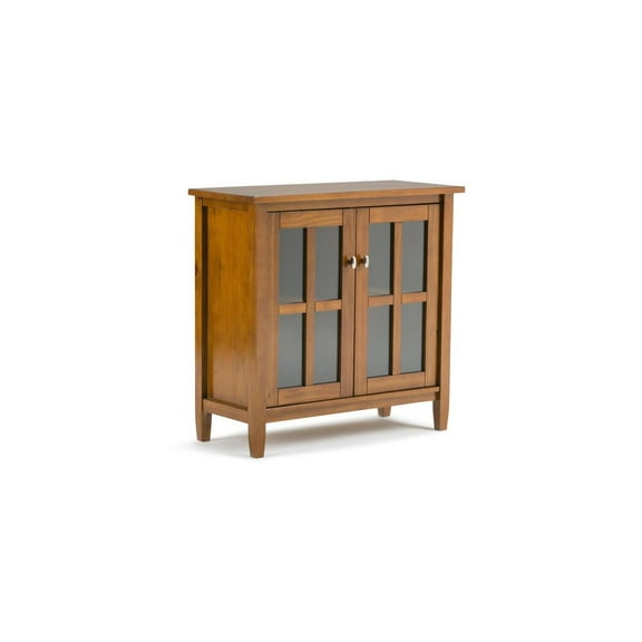 HomeStock Warm Shaker Solid Wood Wide Transitional Storage Media Cabinet, Light Golden Brown Finish, Two Tempered Glass Doors, Adjustable Shelves, Dimensions: 14"D x 32"W x 31"H
