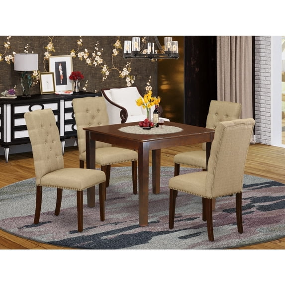 HomeStock Zen Zone 5-Piece Square Dining Table Set - 4 Dark Khaki Linen Fabric Chairs And A Rectangle Table Hardwood Frame - High Back & Mahogany Finish - 36 x 36 x 30 inches