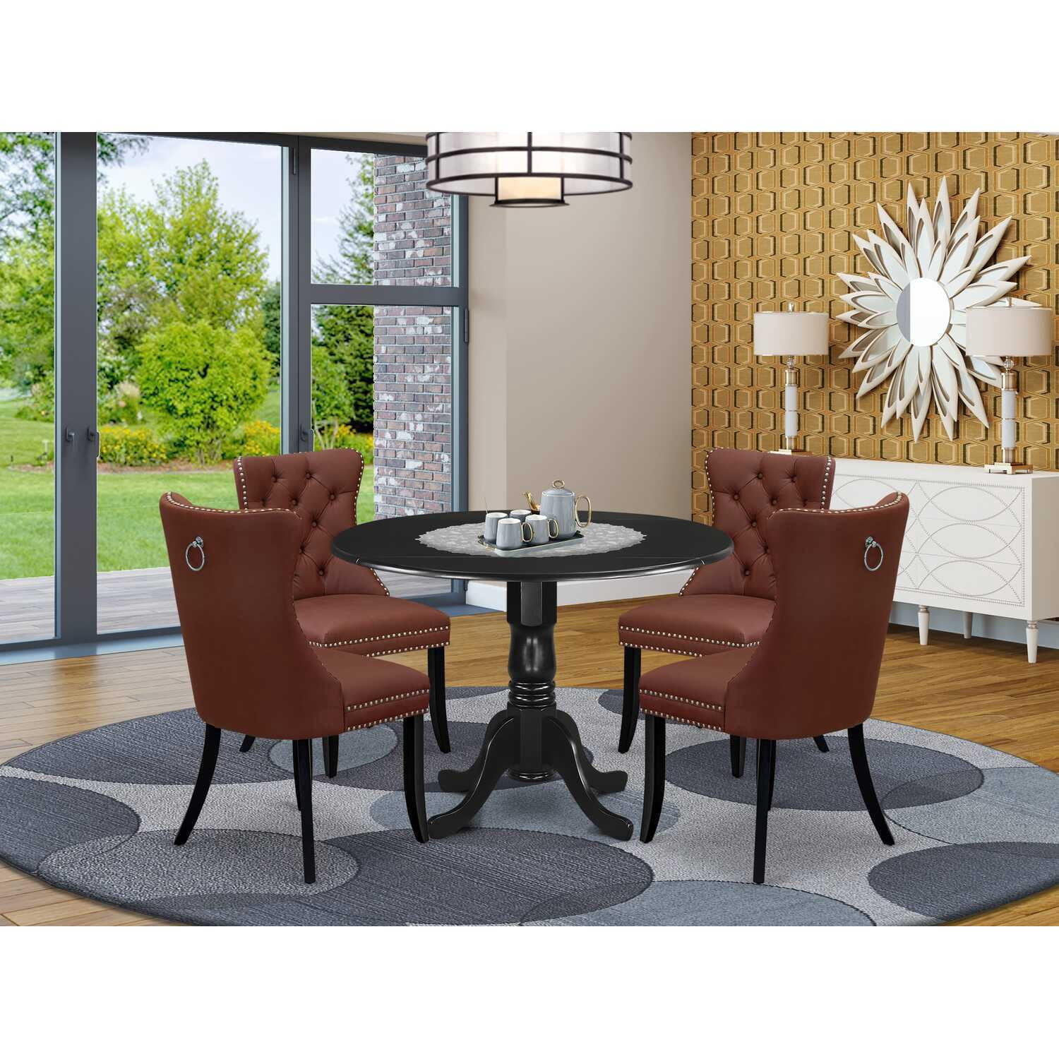 Modern 5 Piece Dining Set - Round Table with Dropleaf & 4 Chairs ...
