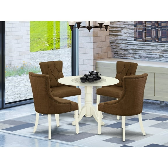 HomeStock Zen Zone 5Pc Dining Set Includes A Small Round Dinette Table With Drop Leaves And Four Parson Chairs With Dark Coffee Fabric, White Finish