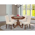thumbnail image 1 of Round Dinette Set 5Pc - 42 Inch Table & 4 Parsons Chairs - Cream Linen Fabric - Mahogany Legs - Home Dining Room, 1 of 5