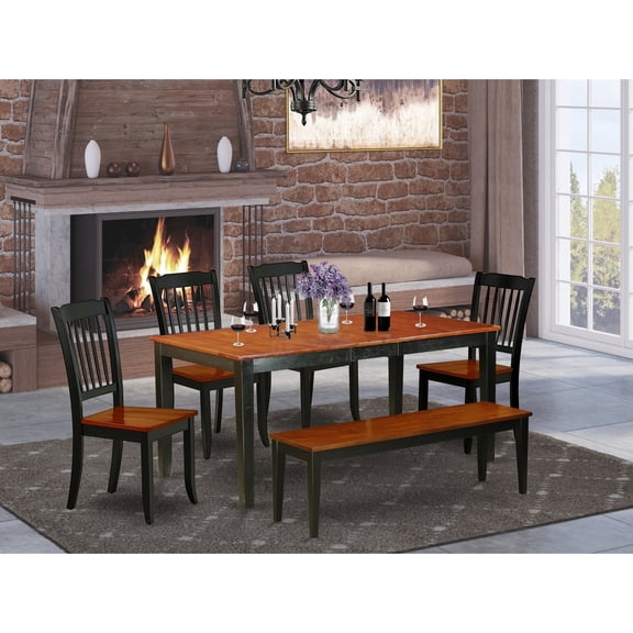 Rectangular Dining Set 6Pc Table with Leaf & 4 Chairs Bench - 54/66 Inch