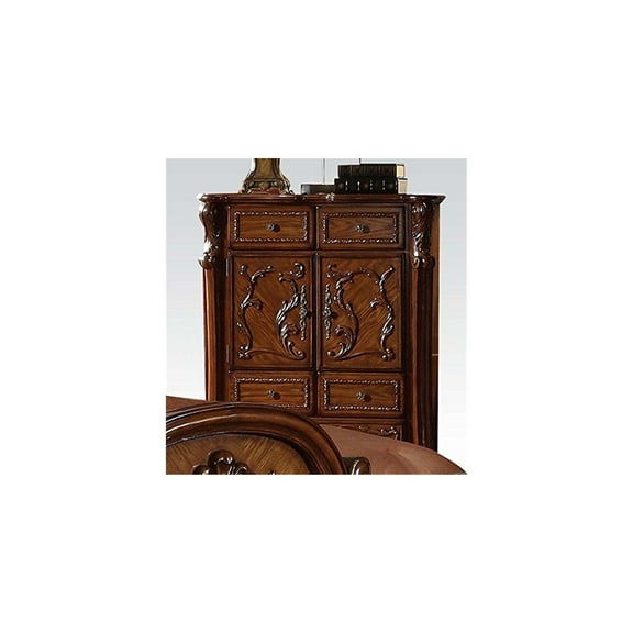 Cherry Oak Chest with 5 Drawers & 2 Doors - Elegant Storage Cabinet with Antique Brass Hardware