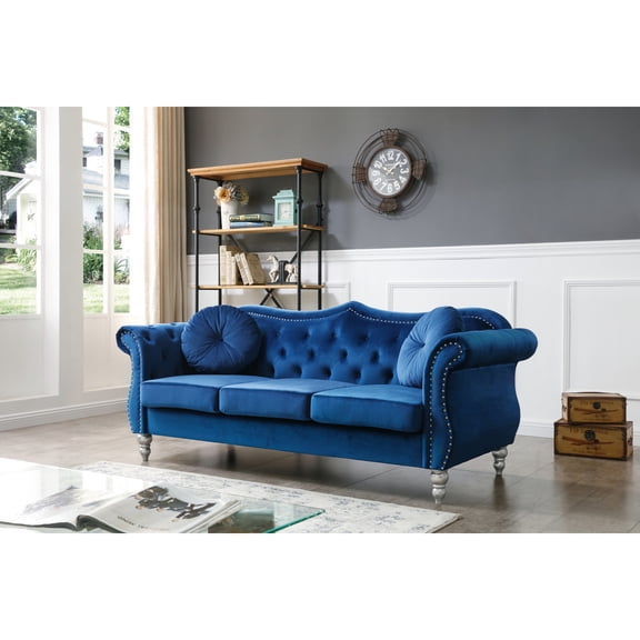 HomeStock Zen Zone Sofa, Navy Blue - 82" x 35" x 34", Soft Velvet with Tufted Design, Nailhead Trim, and 2 Throw Pillows for Elegant Living Spaces