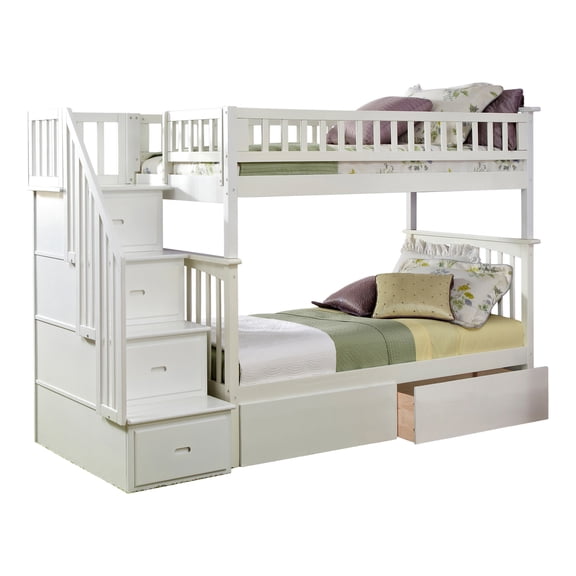 HomeStock Zen Zone Staircase Bunk with Turbo Charger and Bed Drawers-Color:White,Size:Twin over Twin
