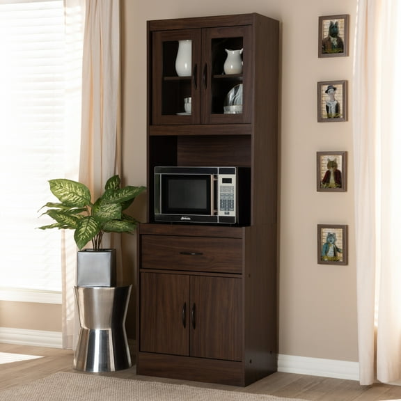 Kitchen Cabinet Hutch - Dark Walnut Storage Cabinet - Modern Hutch with Microwave Space