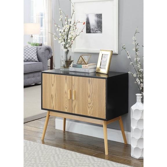 HomeStock Asian Allure Console with Rubberwood Legs, Reversible Doors, Two Large Cabinets, and Middle Shelf for Concealed Storage, Elegant Modern Piece with Wood Grain, Gray, and Black Finish