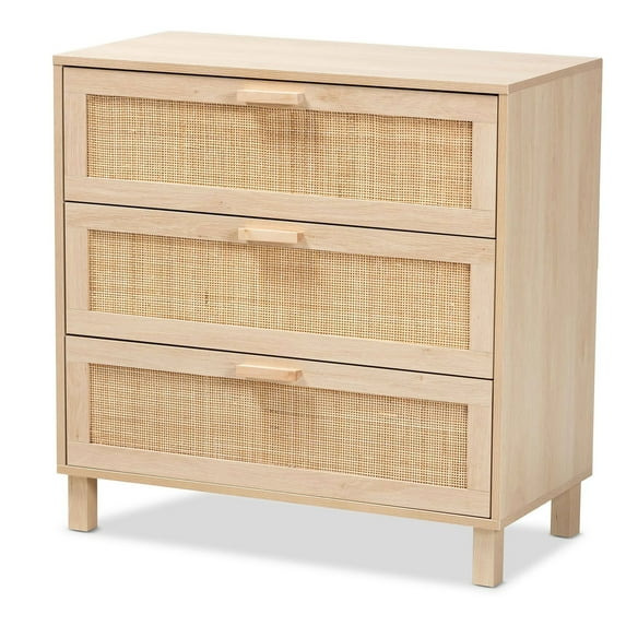 HomeStockmeless Tradition Mid-Century Modern Light Brown Finished Wood 3-Drawer Storage Chest With Natural Rattan
