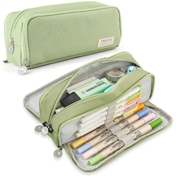 HomeTimes Large Oxford Pencil Case with 3 Compartments, Green