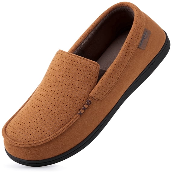 HomeTop Men's Classic Moccasin Slippers, All Season & Winter Warm Coral Fleece Lined Memory Foam Indoor Outdoor House Shoes