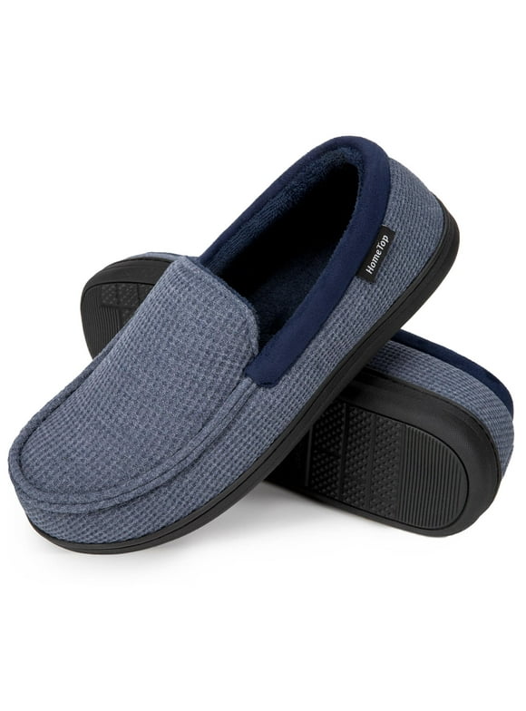 HomeTop Men's Comfort Memory Foam Moccasin Slippers Breathable Cotton Knit Terry Cloth House Shoes
