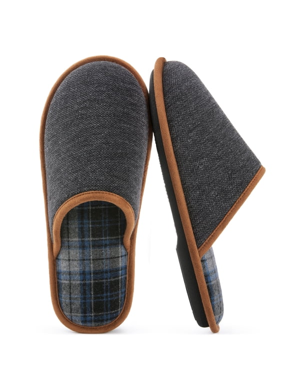 HomeTop Men's Knitted Scottish Slippers with Soft Memory Foam Non Slip Indoor Rubber Sole
