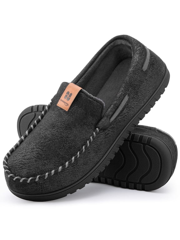 HomeTop Microsuede Moccasin Slippers for Men, Memory Foam Non-Slip Sole Indoor Outdoor House Shoes