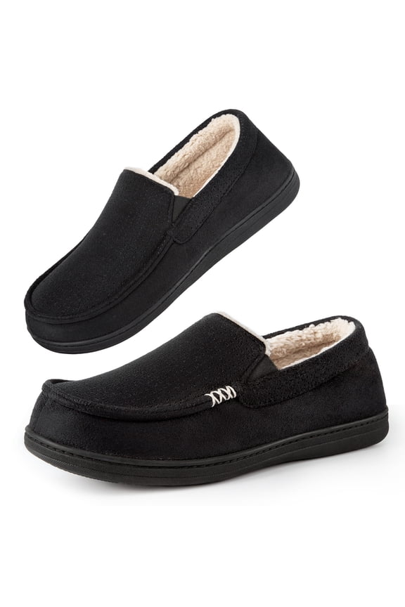 Men's Moccasin Slippers Faux Sherpa House Shoes with Non Slip Rubber Sole for Outdoor Black,12 US