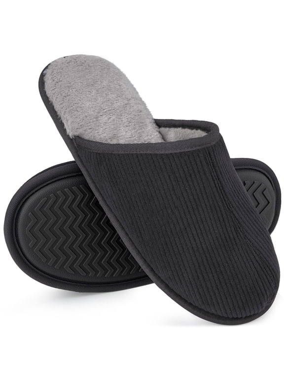 HomeTop Men's Scuff Corduroy Slippers Soft Memory Foam Non Slip Rubber Sole with Faux Shearling Lining