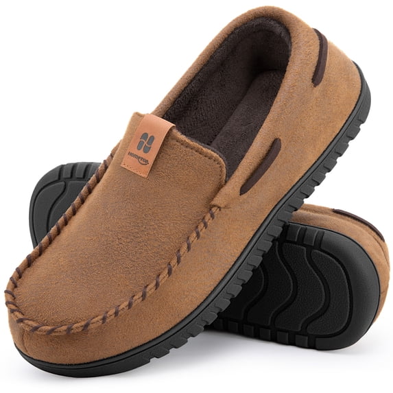 HomeTop Microsuede Moccasin Slippers for Men, Memory Foam Non-Slip Sole Indoor Outdoor House Shoes