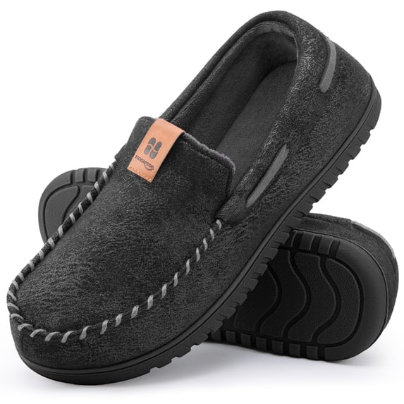 HomeTop Microsuede Moccasin Slippers for Men, Memory Foam Non-Slip Sole Indoor Outdoor House Shoes