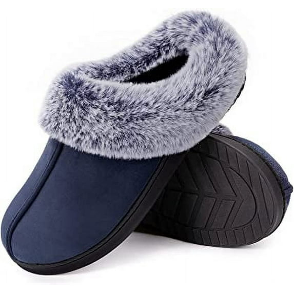 HomeTop Women's Classic Microsuede Memory Foam Slippers Durable Rubber Sole with Warm Faux Fur Collar