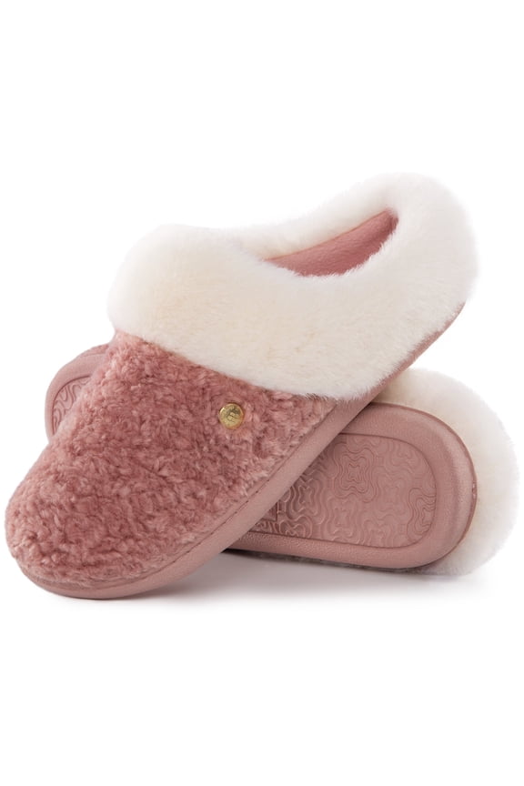 HomeTop Women's Comfy Clog Slippers Soft Warm Non-slip Indoor House Shoes with Fuzzy Collar Blush Pink, 7-8 US