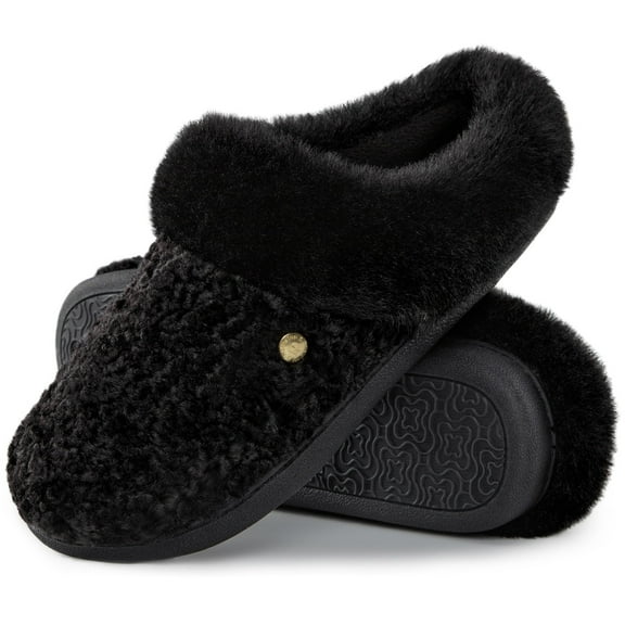 HomeTop Women's Comfy Clog Slippers Soft Warm Non-slip Indoor House Shoes with Fuzzy Collar Dark Black, 7-8 US