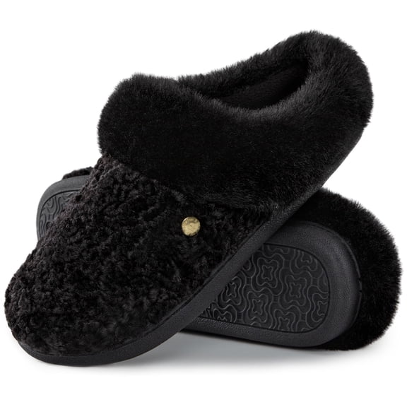 HomeTop Women's Comfy Clog Slippers Soft Warm Non-slip Indoor House Shoes with Fuzzy Collar Dark Black, 9-10 US