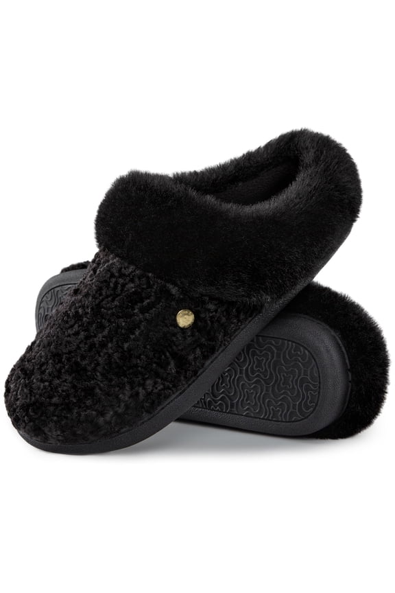 HomeTop Women's Comfy Clog Slippers Soft Warm Non-slip Indoor House Shoes with Fuzzy Collar Dark Black, 9-10 US