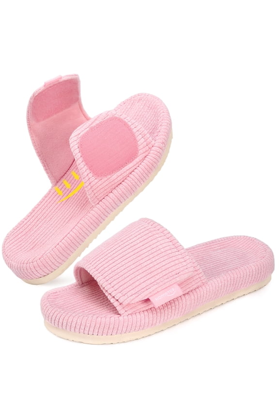 HomeTop Women's Corduroy Open-toe Slippers with Adjustable Closure Pastel Pink,7-8 US