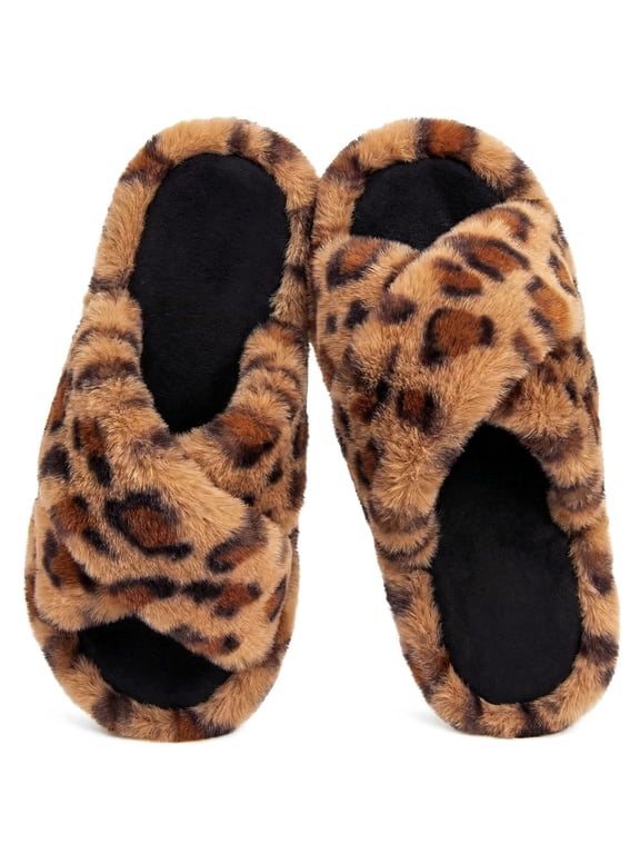 Women's Open Toe Slippers Fluffy Cross Band House Shoes with Anti Skid Sole for Outdoor Amber Cheetah,7-8 US