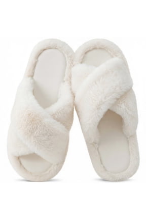 Women's Open Toe Slippers Fluffy Cross Band House Shoes with Anti Skid Sole for Outdoor Graceful White,9-10 US