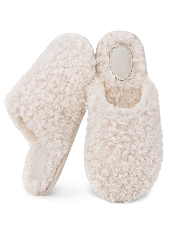 Women's Scuff Slippers Curly Furry Faux Wool Slip-on Memory Foam House Shoes for Indoor Dove White ,7-8 US