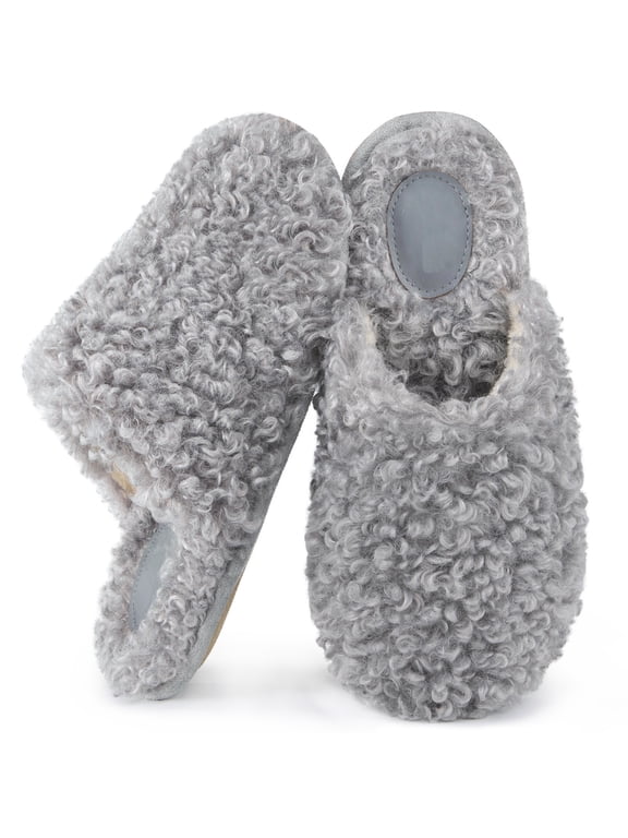 Women's Scuff Slippers Curly Furry Faux Wool Slip-on Memory Foam House Shoes for Indoor Flint Gray ,7-8 US