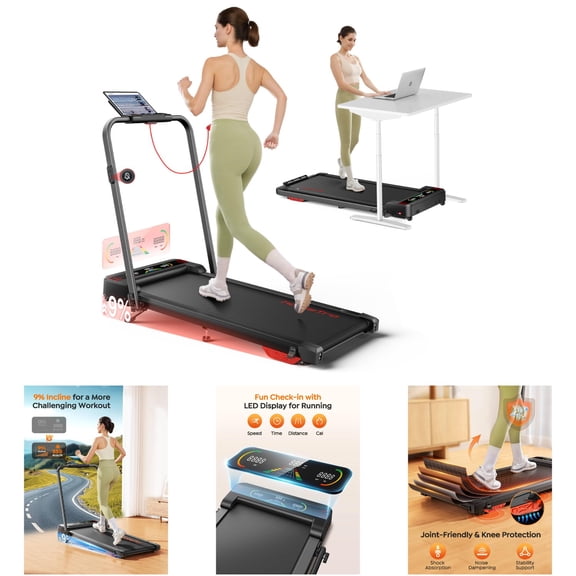 HomeTro 4-in-1 Foldable Treadmill with 9% Incline, Dual LED Display, 3.5HP Motor, Under Desk Workout