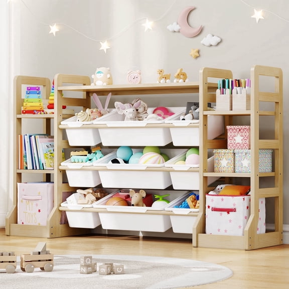 HomeTuk Toy Storage Organizer with Bookshelf – 6 Shelves & 9 Bins & 1 Top Shelf, Wooden Bookcase for Kids Playroom Nursery