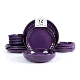 HomeVSS 12‑Piece Dinnerware Set‑Serves 4, Shiny Glaze Purple plates and bowls sets with Speckle Effect for Microwave & Dishwasher Safe