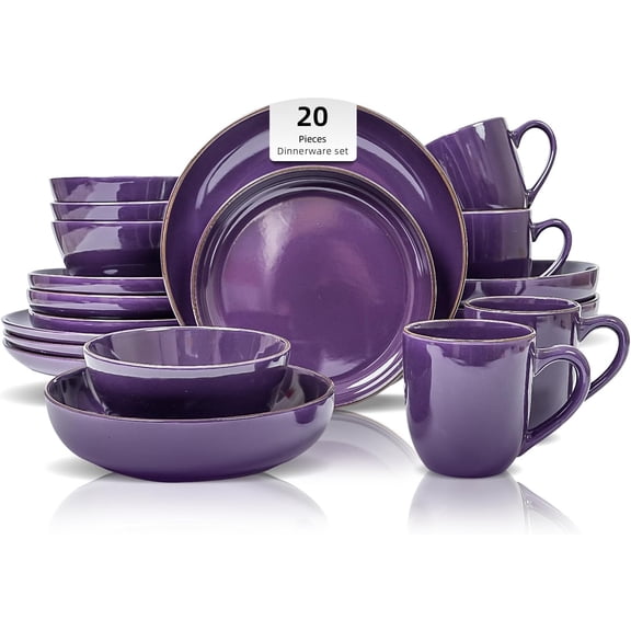 HomeVSS 20-Piece Dinnerware Set - Serves 4, Bright Glaze Purple plates and bowls sets with Speckle Effect for Microwave & Dishwasher Safe