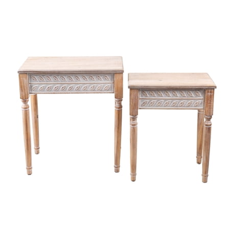 HomeView Design 24.8" & 21.8" Wooden Carved Leaf Rectangle Nesting End Tables, Set of 2 (Brown)