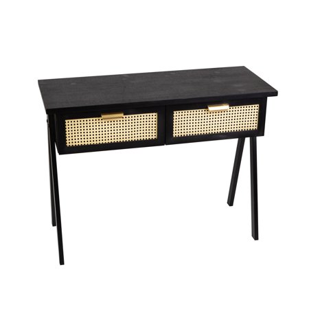 HomeView Design 39.4" Rectangle Black Rattan Console Table, 2 Drawers Wooden Desk Metal KD Stand