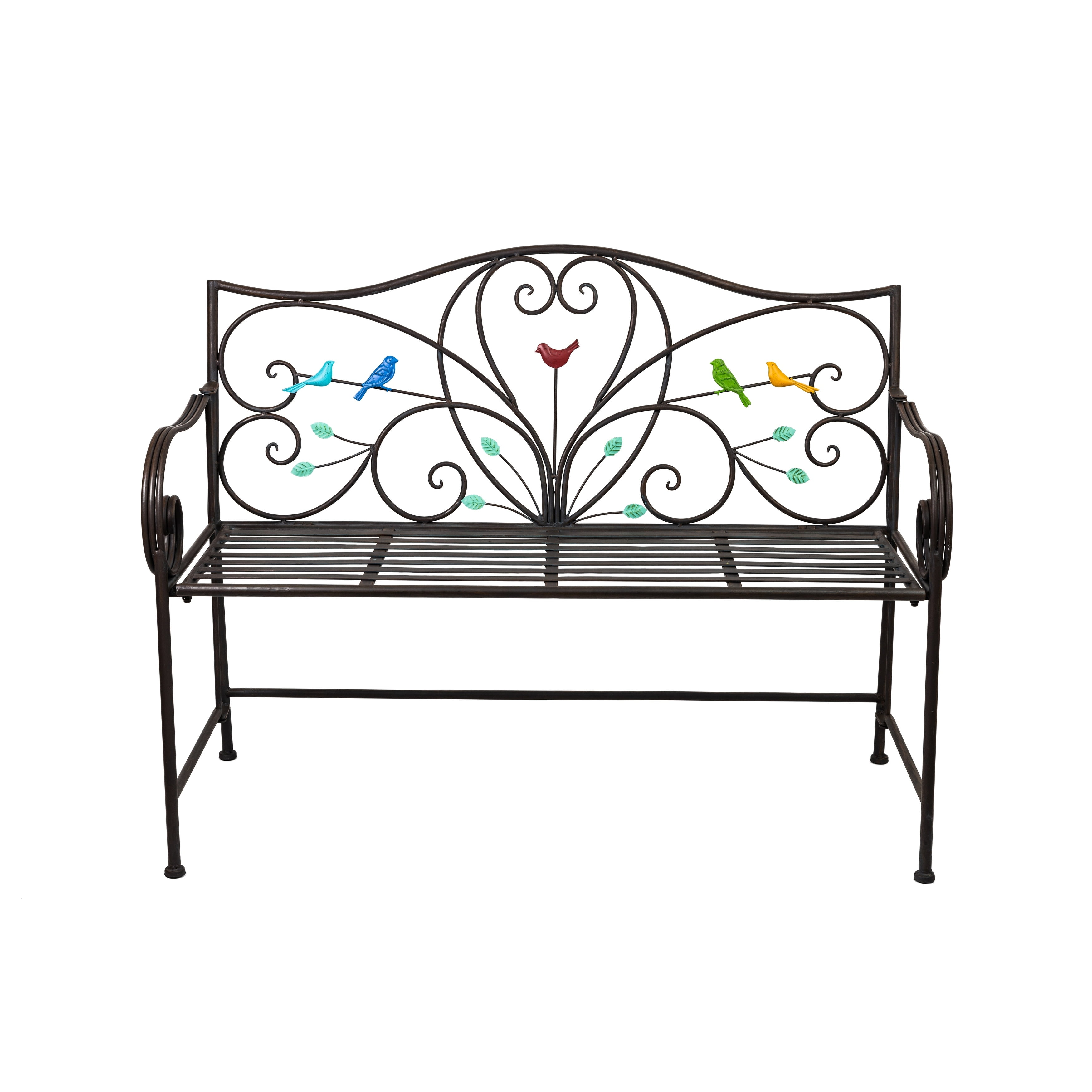 48" Black Iron Outdoor Bench with Colorful Bird Art